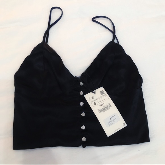 ZARA BLACK CROP TOP WITH PEARLED BUTTON - BUSTIER - SMALL - BRAND NEW WITH TAG - Picture 8 of 16